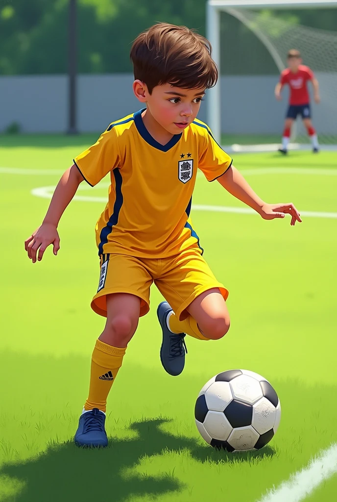  and boy in drawing soccer player with yellow uniform