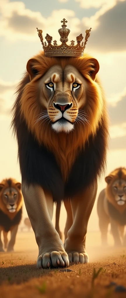 A lion walking bad ass like a king in front of all animals having crown on his head 