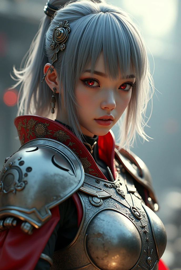 masterpiece,Game Art,Best picture quality,Maximum resolution,8K,(portrait),Unreal Engine 5 rendering works,(Digital Photography),((portrait Feature:1.5)), 20 year old girl,Short hair details,Long bangs,(The red eye makeup is carefully applied),(With long gray hair:1.4),(Large target, Full breasts),Elegance and nobility,Brave and charming, (The future armor combines the characteristics of ancient Chinese armor,hollow-carved design,Power Armor,Mysterious oriental runes,Exquisite clothing patterns,Magic Flash),Future Warrior,Cyberpunk Characters,War Background, Movie Lighting，Ray Tracing，Game CG，((3D Unreal Engine))，OC rendering reflection mode

