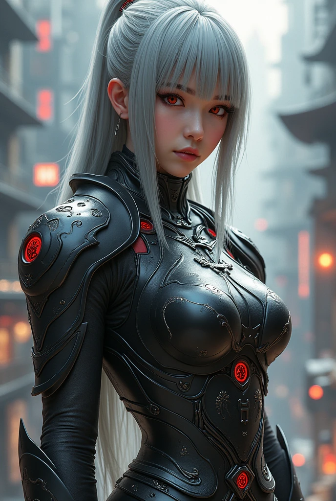 masterpiece,Game Art,Best picture quality,Maximum resolution,8K,(portrait),Unreal Engine 5 rendering works,(Digital Photography),((portrait Feature:1.5)), 20 year old girl,Short hair details,Long bangs,(The red eye makeup is carefully applied),(With long gray hair:1.4),(Large target, Full breasts),Elegance and nobility,Brave and charming, (The future armor combines the characteristics of ancient Chinese armor,hollow-carved design,Power Armor,Mysterious oriental runes,Exquisite clothing patterns,Magic Flash),Future Warrior,Cyberpunk Characters,War Background, Movie Lighting,Ray Tracing,Game CG,((3D Unreal Engine)),OC rendering reflection mode