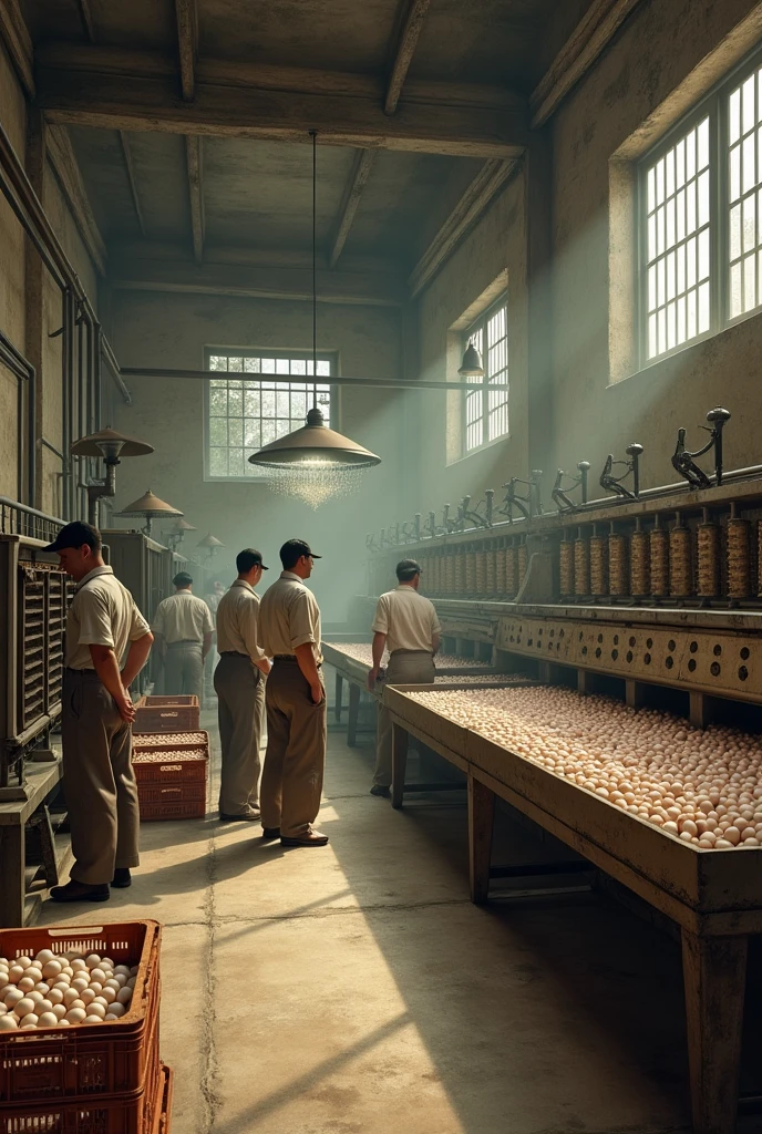 Create what a less modernized egg company would look like inside, where the eggs are in machines and there are people watching.