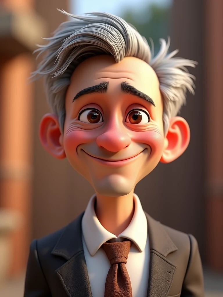 Create a Disney Pixar-style, 3D character of a 6 man, brown eyes, short gray hair, with a normal mouth, a big, airy nose, thick eyeshadows, wearing dress clothes