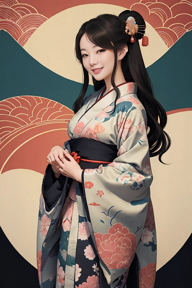 (SeaArt creates stunning illustrations of beautiful women in kimono)、Vividly colored Japanese Ukiyo-e style illustrations、A beautiful woman smiles and shows her upper white teeth、Brown-black long hair、Beautiful full body style、Let's dance a little Tokyo Ondo Yoiyoi、Beautiful new digital paintings,、Bright vibrant digital anime art、 Beautiful anime portraits、background、Torii gate of the Japan shrine、 Detailed digital anime art、