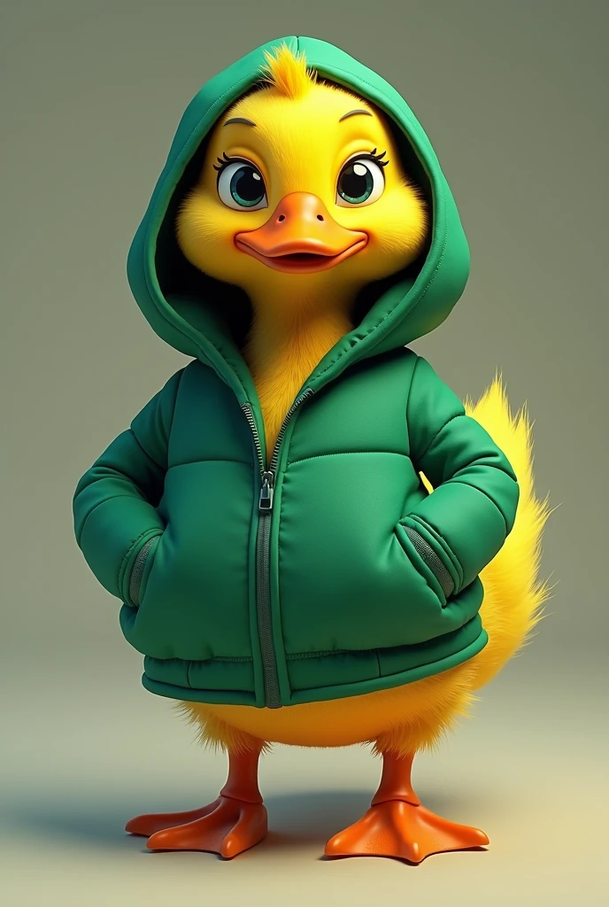 the duck has bright yellow plumage., but instead of its usual plumage, He is wearing a green hooded jacket that fits him very well... The hood covers your head and neck., giving it a very cool and modern look. the duck'eyes shine with curiosity, and their wings are ready to unfold at any moment.