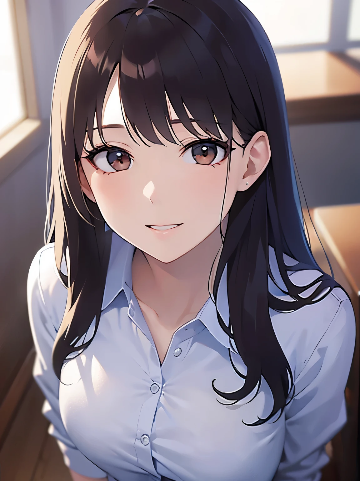 looking up, Shooting from above、hand on own chin, Biologically correct five fingers、Upper Body, Realistic, real person, (pale skin: 1.2), RAW photo, photorealistic, shiny skin, shiny hair、(A 2 woman with medium-length hair and bangs) and (wavy hair) and (brown hair) and (orange eyes) , White collared shirt、smile, Background is an office room、Alone、Are standing