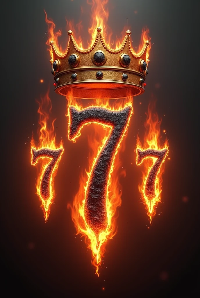 Create a image of three burning 7s in black fire with gold/red crown with 7 stones intercalled with white and black