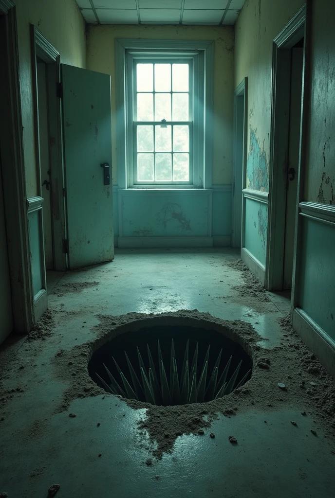 Abandoned hospital, room with a hole in the floor with spikes inside