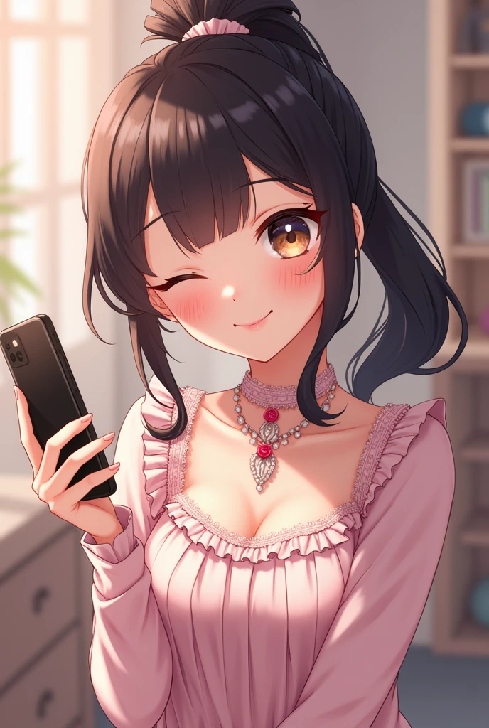 The main girlfriend has double eyelids and slanted eyes.。She has a sophisticated yet slightly childish and soft look, and wears a ponytail.。Winking。
My friend has a stylish hairstyle with thin bangs and braids.。Winking。
- Clothes: She has braids and wears a frilly pastel purple and white outfit.、The main girl with the ponytail is wearing a frilly outfit in pastel red and white.。The costumes are sophisticated.。
・Situation: Taking a selfie with a wink。Also show her smartphone.。