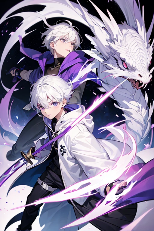 boy with white hair, bright purple radiant eyes, wearing a stylish fashionable hoodie, He holds a folded sword with a faint blue glow, Behind him a huge pleated dragon