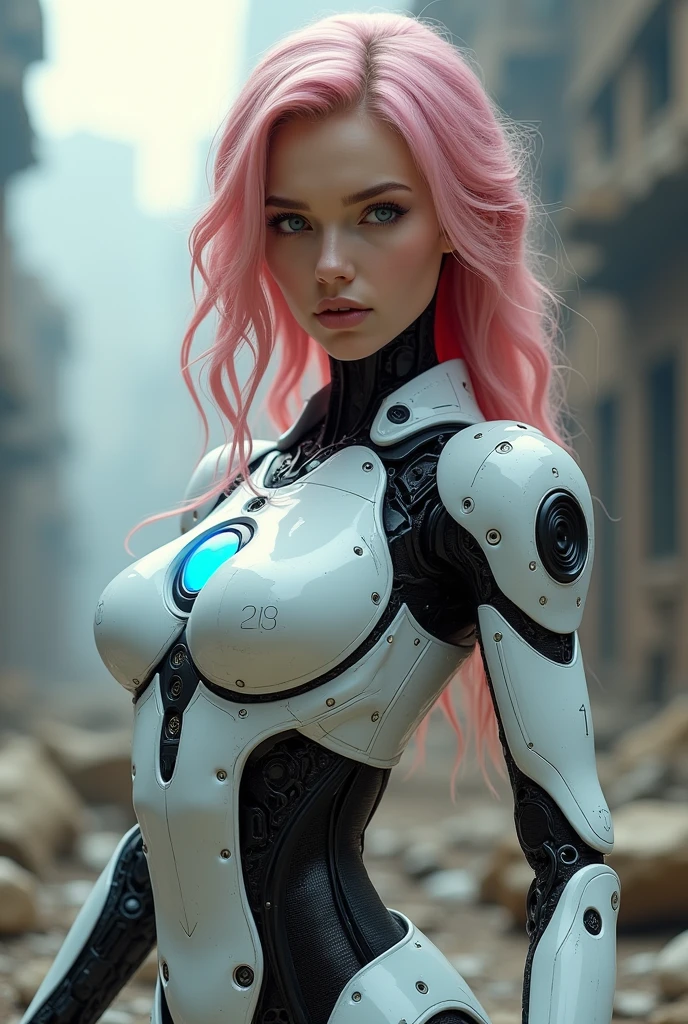 Female robot,full body,perfect Female face,fair_skin,blue eyes,pink hair,(focus muzzle:1.1),looking at viewer,mechanical arms,mechanical leg,Standing,wavy hair,curvy,chest blue energy core,the ruins of war,Arm-integrated firearm,Arm aim,(muzzle:1.1),