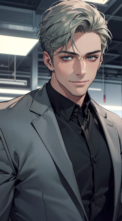 (best quality,4k,8k,highres,masterpiece:1.2),ultra-detailed,(realistic,photorealistic,photo-realistic:1.37),1 man,3,mature man,very handsome,without expression,smile,short grey green hair,blue eyes,penetrating gaze,perfect face without errors,imposing posture,businessman,office background,cinematic lighting,hdr image