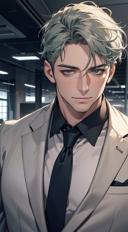 (best quality,4k,8k,highres,masterpiece:1.2),ultra-detailed,(realistic,photorealistic,photo-realistic:1.37),1 man,3,mature man,very handsome,without expression,smile,short grey green hair,blue eyes,penetrating gaze,perfect face without errors,imposing posture,businessman,office background,cinematic lighting,hdr image