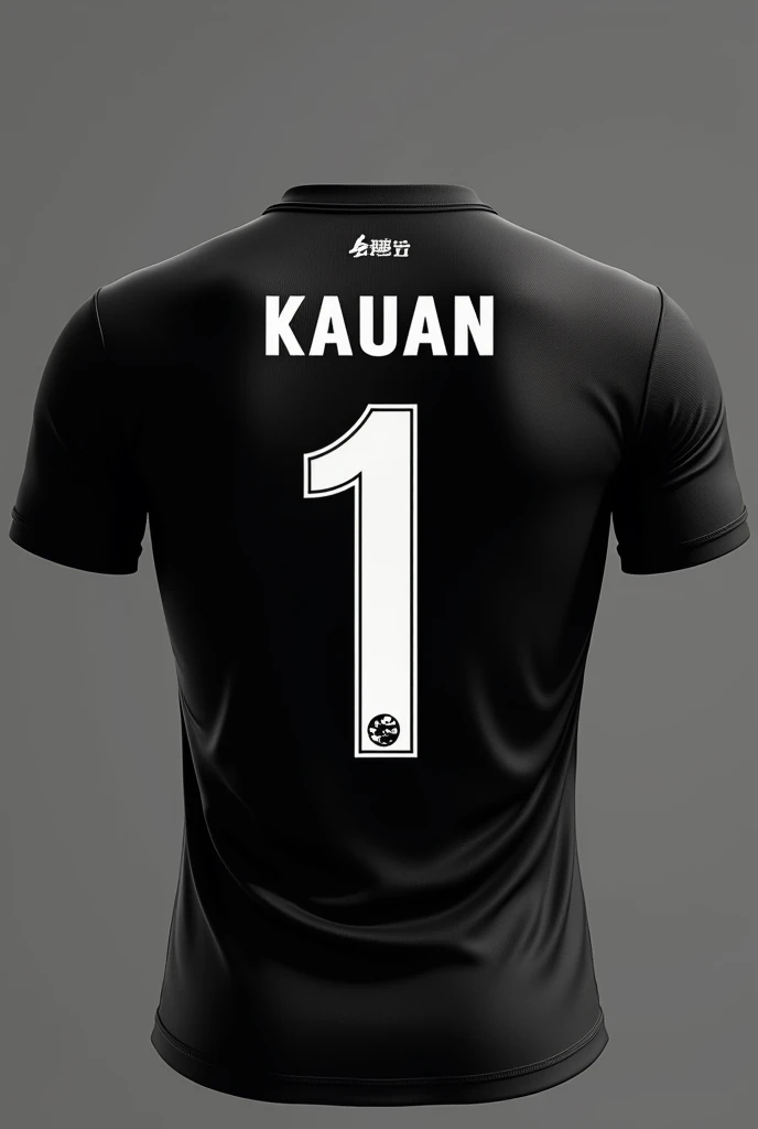 Create a football shirt on the back of the shirt, put the yin yang symbol in the middle, the name Kauan under the symbol and make it white and the other side black and put the number 1 in the middle of the yin yang symbol.