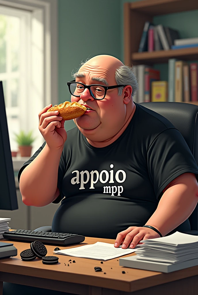 white male, aged 50, baldie, fatter, cheeky, paunchy, wrinkled face, wearing glasses, eating baguette with ham, leaning against a cluttered computer desk, stacks of papers, Oreo crumbs and cookies. Wearing a black shirt with the phrase (APPOIO MPF)
