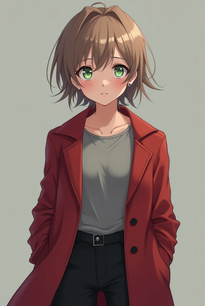 More mature anime style image. A gray background image. A teenager with short light brown hair, light green eyes, piercings in both ears and a serious expression, wore a gray blouse and over it a red coat and black pants.
