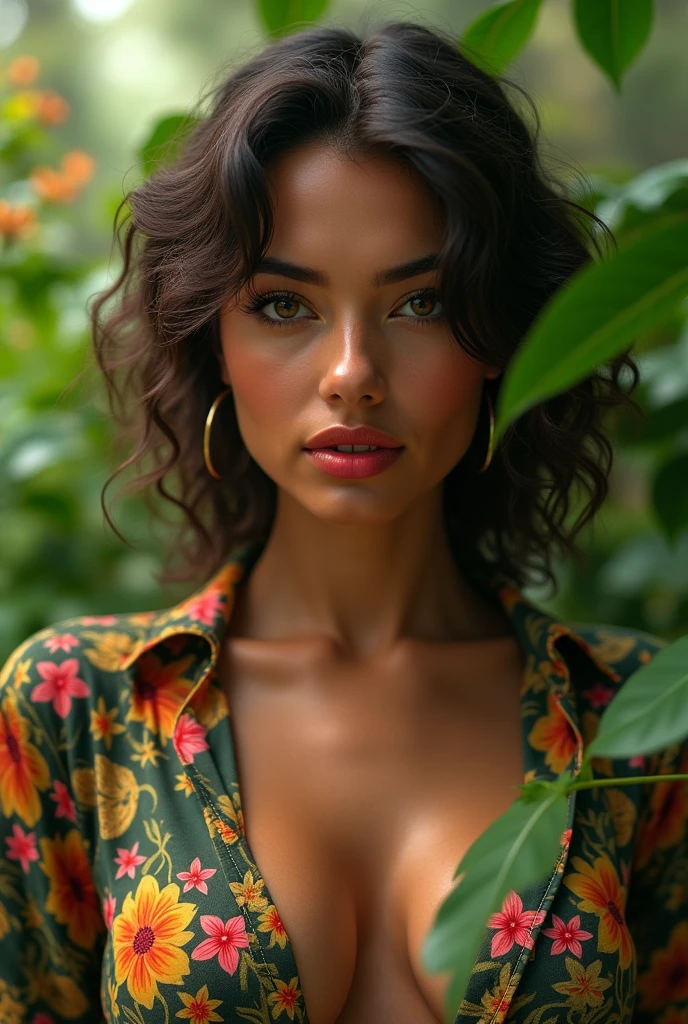 A Brazilian woman in a lush tropical garden, wearing an open shirt with a floral print, with a close-up capturing the harmonious beauty between her breasts and the natural flowers, showing off your natural charm and outgoing personality.