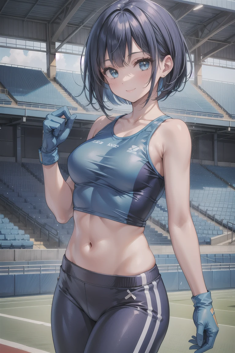 girl, medium breasts, dark blue medium bob style hair, blue sports sleeveless wear, blue sports pants, blue sports gloves, smile, Japan Stadium