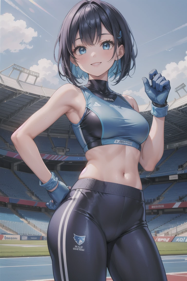 girl, medium breasts, dark blue medium bob style hair, blue sports sleeveless wear, blue sports pants, blue sports gloves, smile, Japan Stadium