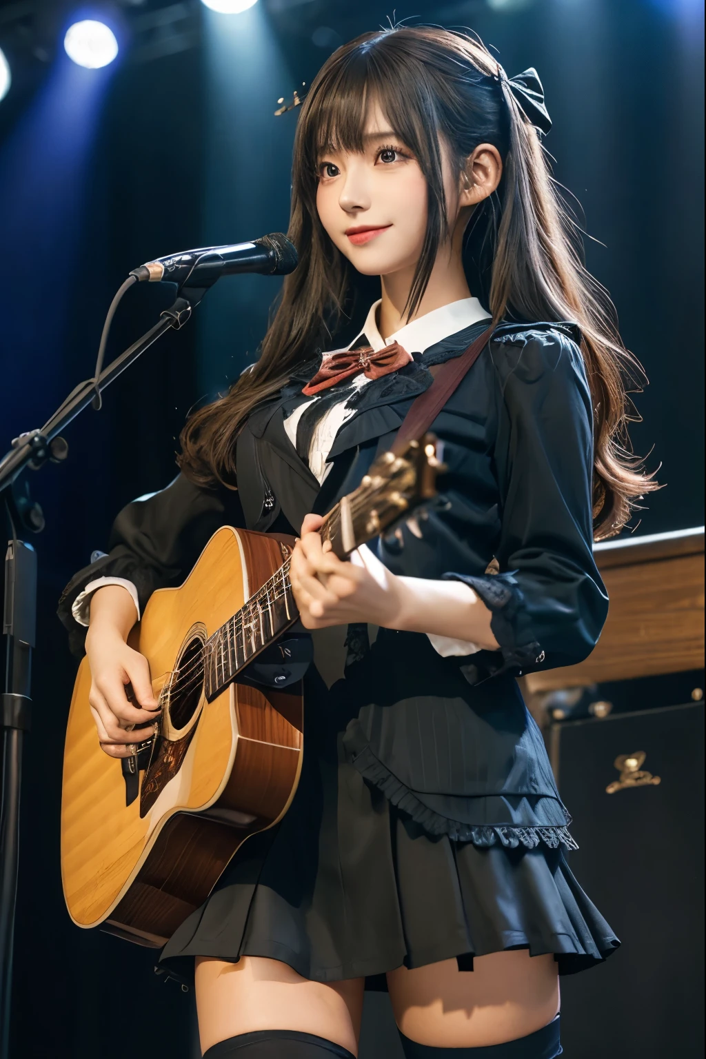 High school girl blazer、uniform、Red checked knee-length skirt、Long skirt、JK Style、Jacket、smile、Knee-high socks、Thigh-high socks、pantyhose、Extremely beautiful、Super cute、ennui、Rare Beauty、Dark black eyeshadow、sad、Skin radiance、Long Hair Straight Hair、Dark Gothic Makeup、Dark Smile、Fragrant beauty、Stained glass background、masterpiece、Highest quality、See 5 books、Sweat glistening on my chest、Sweat glistening on the face、Small breasts、2、Slightly slim、Mysterious look、Sad look、Mysterious Gothic Church、enchanting castle、Excessive sweating all over the body、Thighsに大量の汗と光、光沢のあるThighs、Thighs、Thighsに大量の汗が光る、sweat profusely、Gal、Small breasts、Japanese face、Captivating look、細いThighs、play the guitar、I have a guitar、Enthusiastic singing、バンドでplay the guitar、Playing guitar chords、Background of the live music venue、Sing a song、Open your mouth、Scenery of a live music venue、Mike stand、Glamorous live stage、Dynamic Angles、Vivid straight long hair、delicate straight hair、