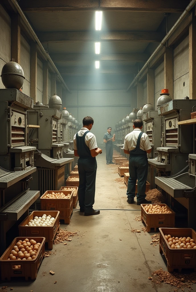 Create what a less modernized egg company would look like inside, where the eggs are in machines and there are people watching.
