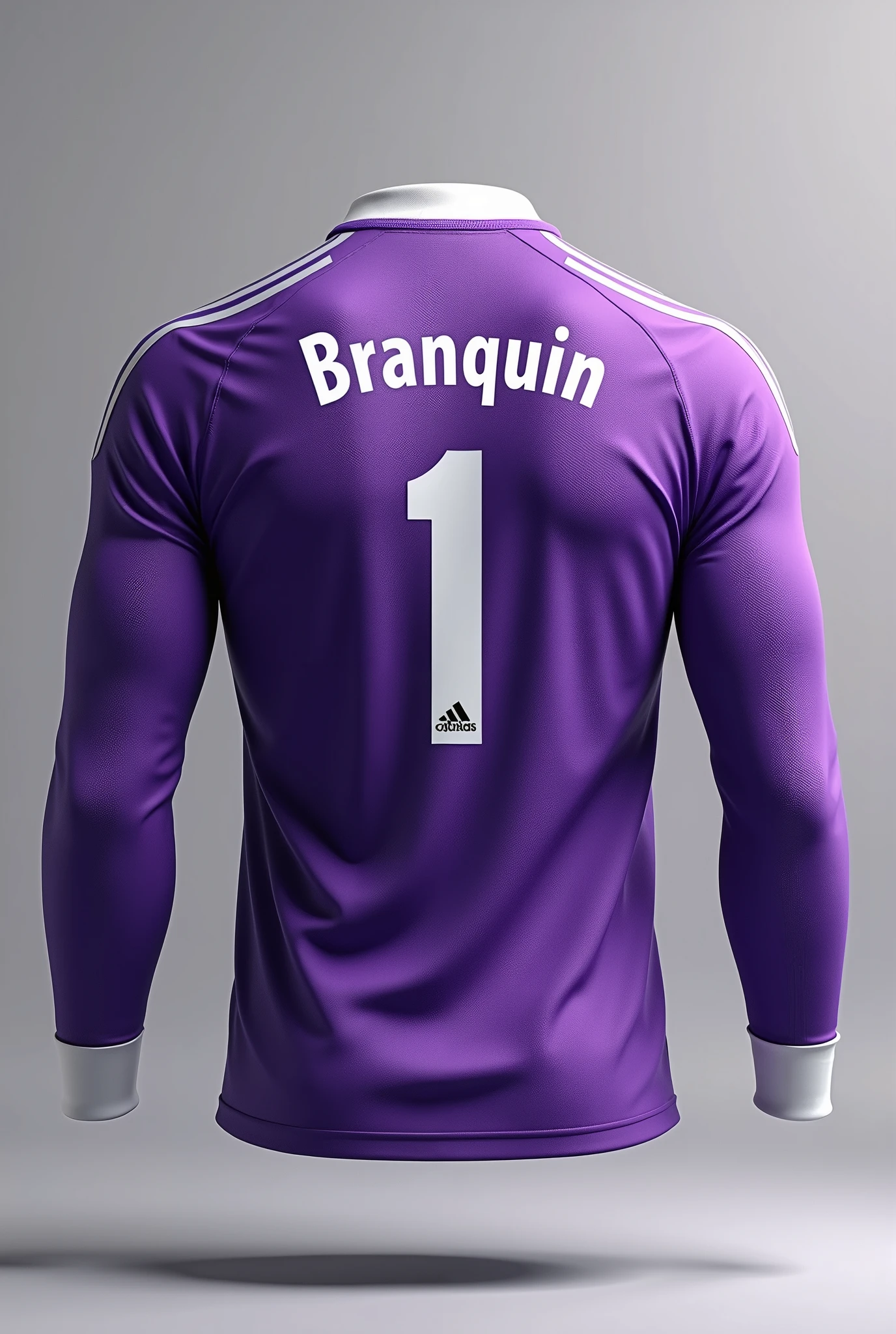 Realistic goalkeeper shirt in purple color, long sleeve with white hem and regular white collar, written the name branquin With the number 1 below the name, 