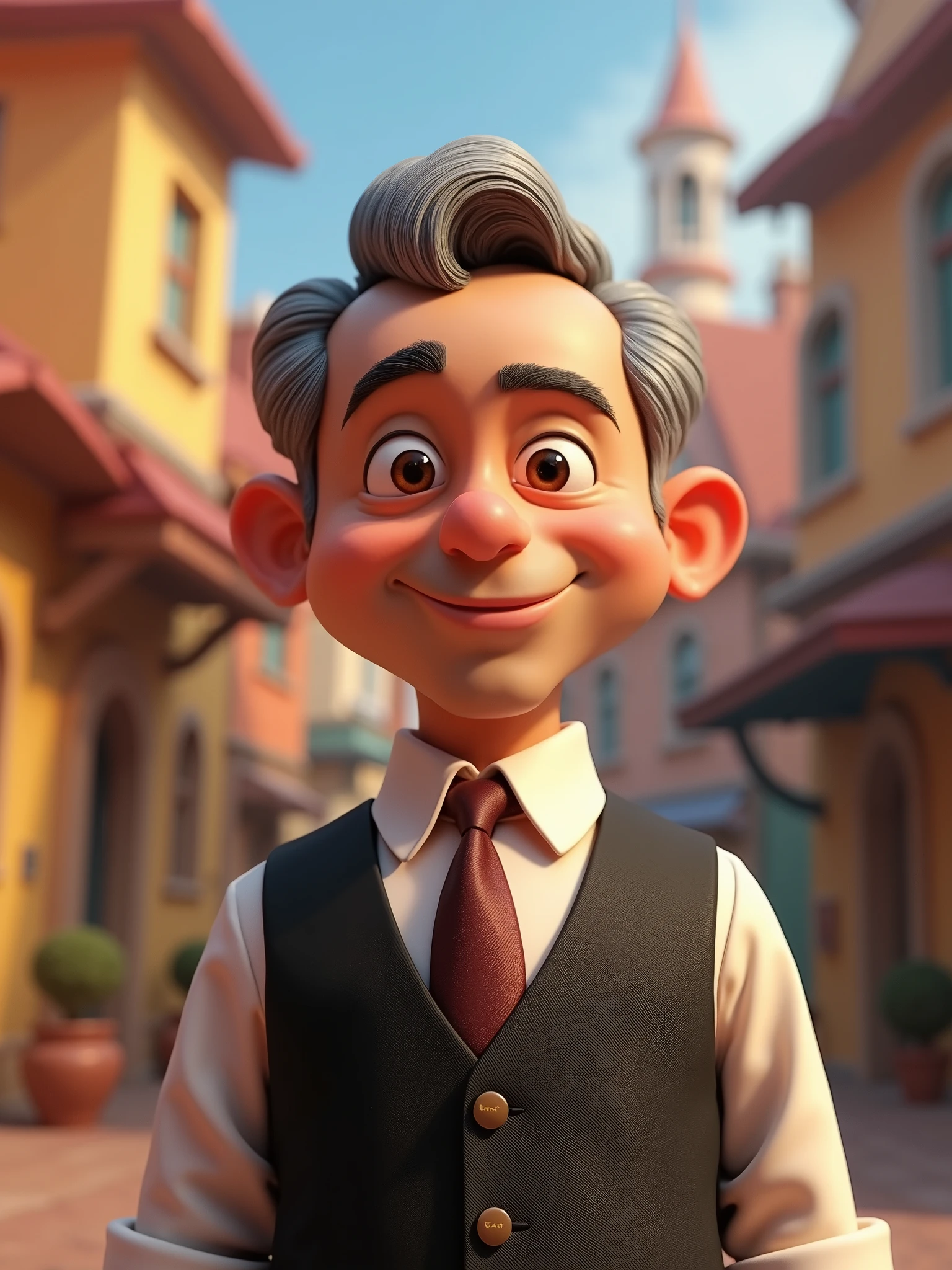 Create a Disney Pixar-style, 3D character of a 6 man, brown eyes, short gray hair, with a normal mouth, a big, airy nose, thick eyeshadows, wearing dress clothes