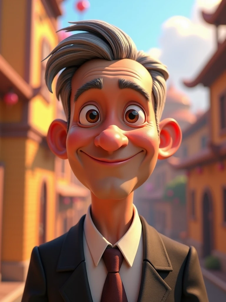 Create a Disney Pixar-style, 3D character of a 6 man, brown eyes, short gray hair, with a normal mouth, a big, airy nose, thick eyeshadows, wearing dress clothes