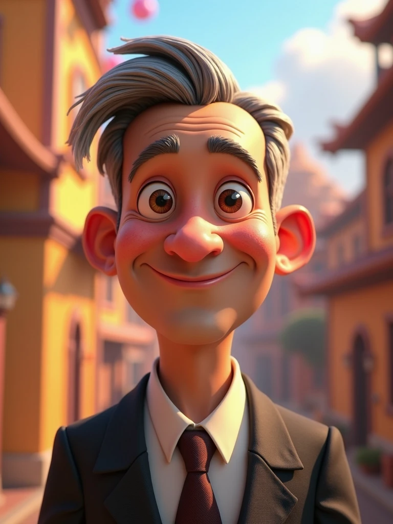 Create a Disney Pixar-style, 3D character of a 6 man, brown eyes, short gray hair, with a normal mouth, a big, airy nose, thick eyeshadows, wearing dress clothes