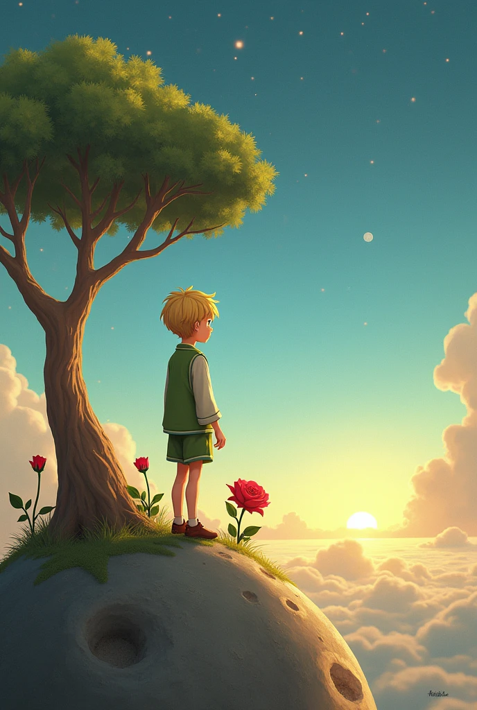 Draw the Little Prince on his little planet, with its rose and baobab. He is looking at the horizon.