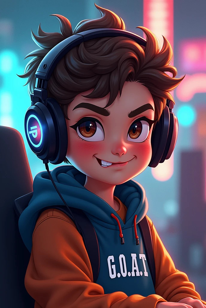 Boy with small curls with the word G.O.A.T with gamer headphones realized