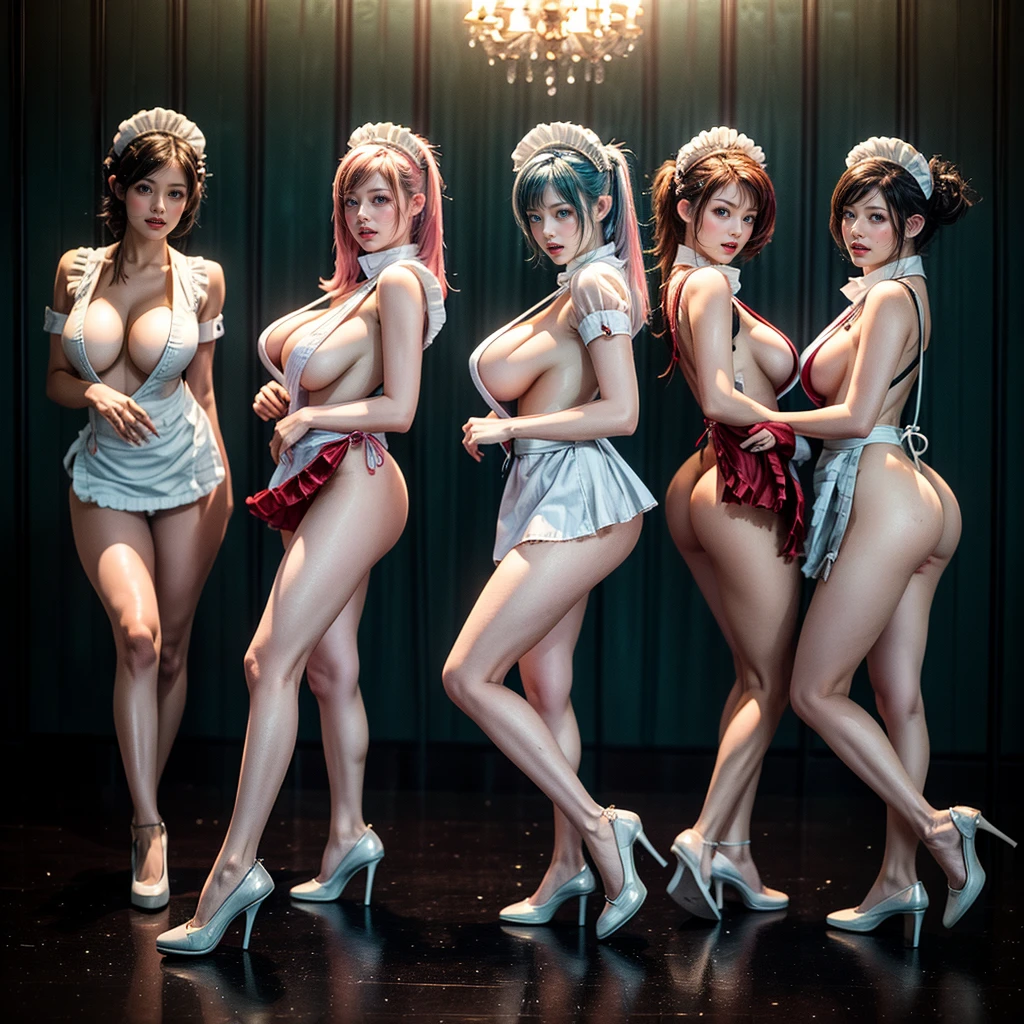 (Graceful Full Body of Extremely Detailed((Sexy Maid Group in a row:1.37))), KAWAII perfect face with Reflective Eyes, Detailed(Delicate Clothing textures), Correct Graceful Legs, Dynamic Joyful Expressions LifeLike Rendering, Specular Reflection of mirrored floor, TopQuality 8K Ultra-detailed masterpiece (ProfessionalPhoto:1.37), (Acutance:0.8), (Luminism:1.28), Renaissance art style, Portraits, Colorful Light particles, (Full body from side) {Kissing Face to Face|Cute Peach AssFocus|(NakedApron with (Overflowing Sideboob))}, Radiant Fine Skin with Transparency, (Exposed:0.4) {Pink Hair|LightBlue Hair|Blonde|Pure White Hair|Liquid Hair|Red Shoes}, Perfect Lighting