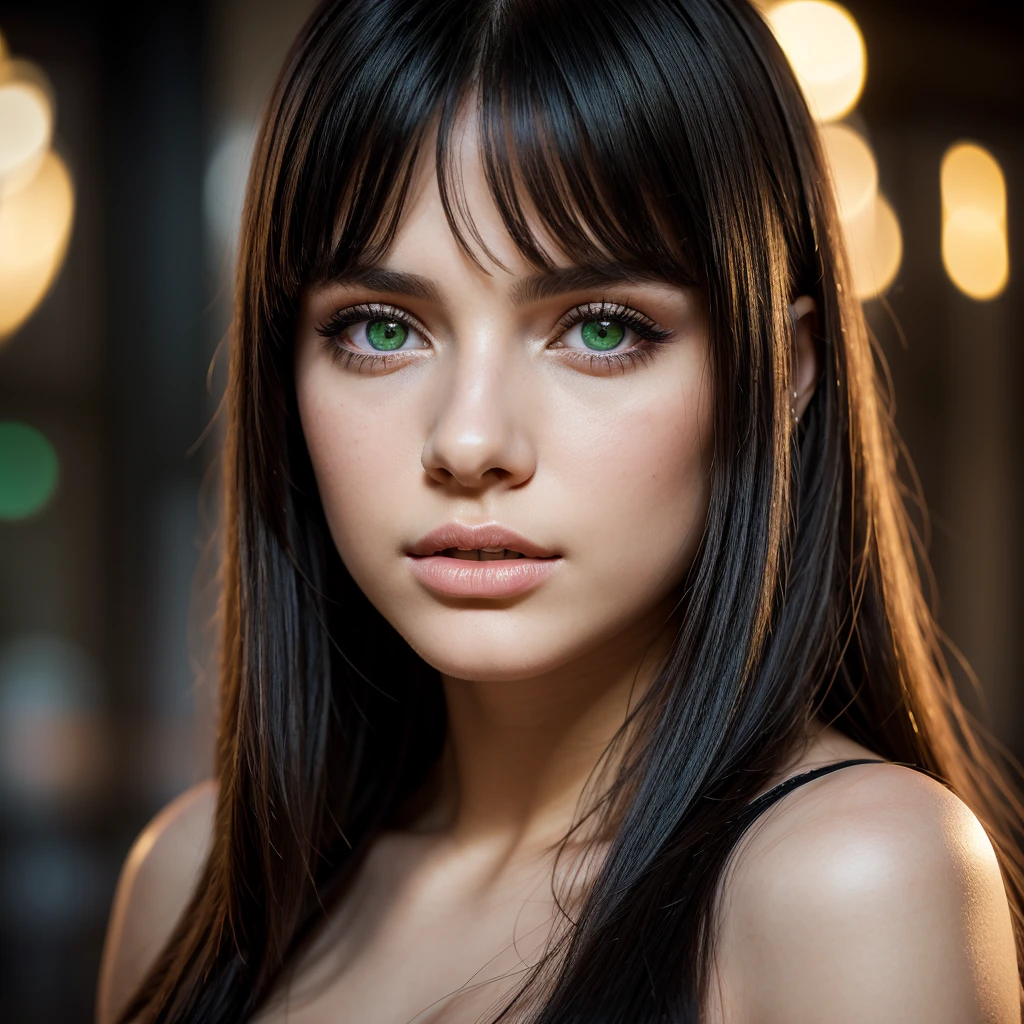 very beautiful young female french, 20 years old, huge green light eyes, huge lips, neutral background, black straight long hair and a bang, full face portrait, looking directly into camera, bokeh, realistic, high Detail, perfect composition, dramatic lighting, high contrast