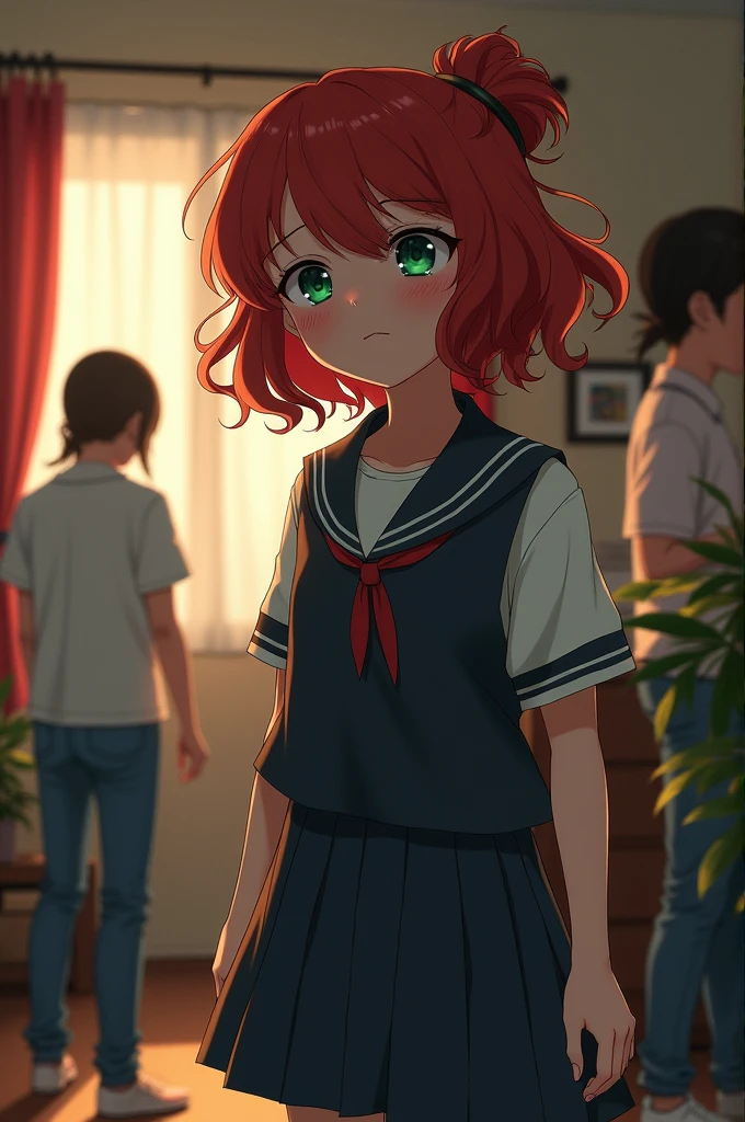A high school girl in school clothes,at home with a sad look,red curly hair,and green eyes,your parents are giving attention to an autistic person