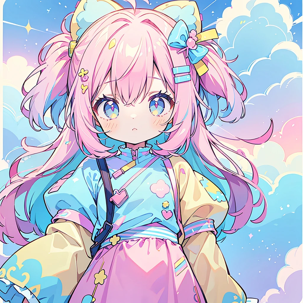 "kawaii, Cute, Adorable girl in pink, yellow, and baby blue color scheme. She wears sky-themed clothing with clouds and sky motifs. Her outfit is fluffy and soft, With decora accessories like hair clips. She embodies a vibrant and trendy Harajuku fashion style."