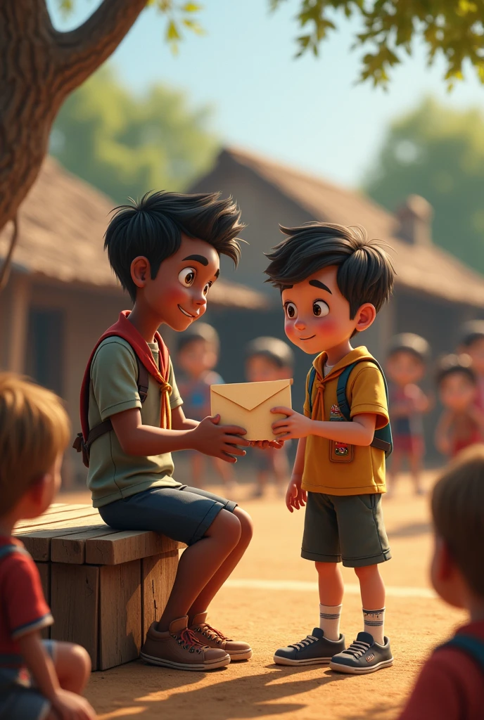 Elkin: Sitting on a wooden bench, with an expression of wonder on his face. The envelope with the city team's stamp is in his trembling hands..
Adult scout : Standing in front of Elkin, with a friendly smile and a thumbs up.
around: The dirt court, with other children watching with curiosity. At the bottom, a small group of houses in the village.