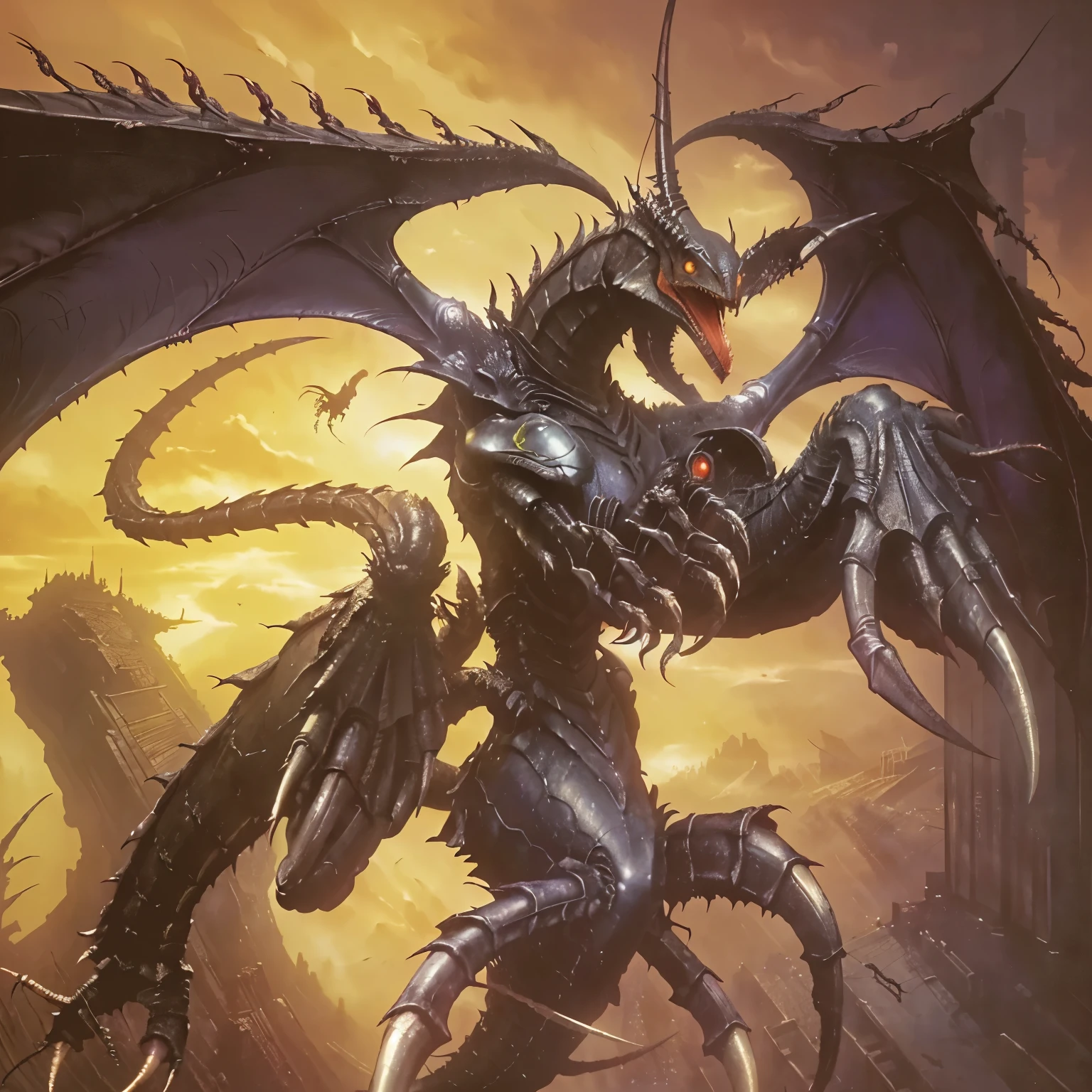 there is a picture of a monster with a large claw on it, style of wayne barlowe, insectoid, xhenomorph, inspired by Wayne Barlowe, barlowe wayne, ancalagon the black, raven monster, thopter from magic the gathering, greg simkins, shadowcreature, black dragon, skeksis, barlowe
