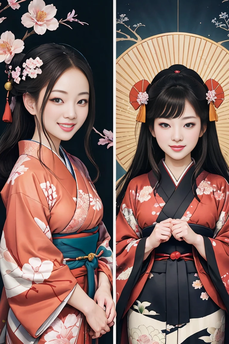(SeaArt creates stunning illustrations of beautiful women in kimono)、Vividly colored Japanese Ukiyo-e style illustrations、A beautiful woman smiles and shows her upper white teeth、Brown-black long hair、Beautiful full body style、Let's dance a little Tokyo Ondo Yoiyoi、Beautiful new digital paintings,、Bright vibrant digital anime art、 Beautiful anime portraits、background、Torii gate of the Japan shrine、 Detailed digital anime art、