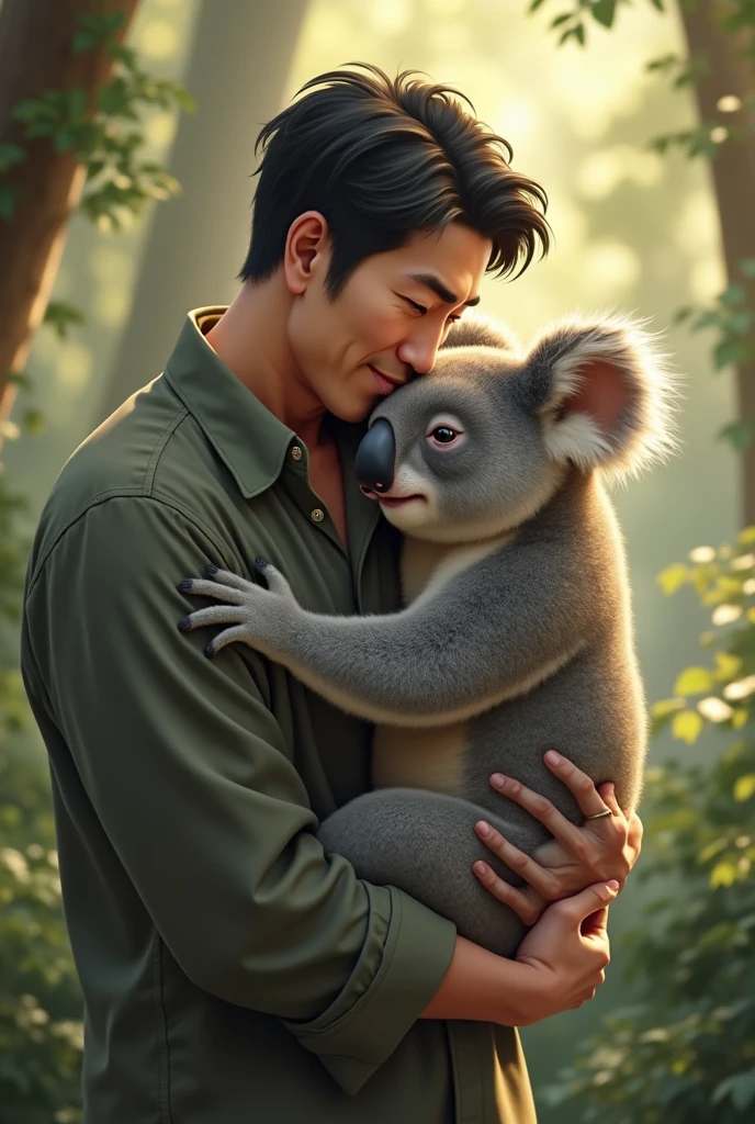 A koala bear hugging tightly a 30-year-old Japanese man with short hair and a quiff