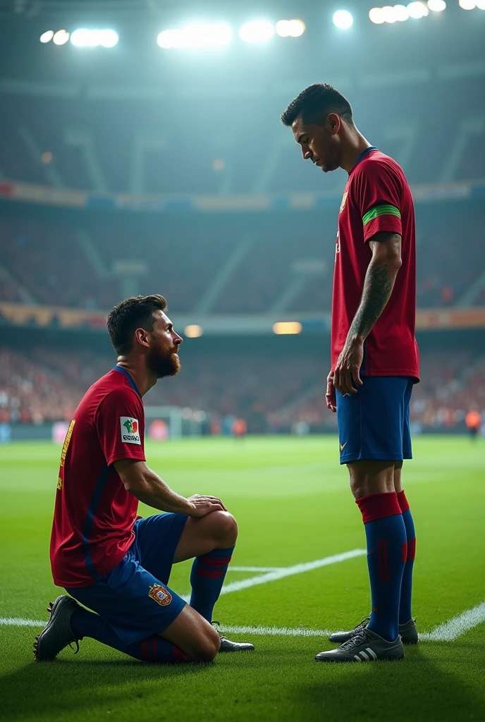 Messi kneeling in front of Cristiano Ronaldo