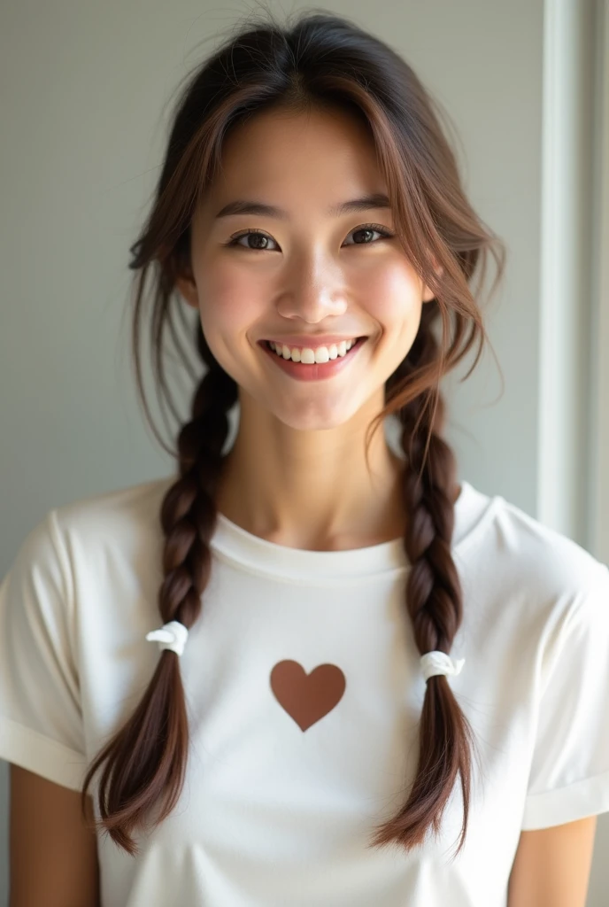 Create a photo of a smiling female character with brown hair braided forward, a white hair tie behind her head, and a white top with a brown heart in the middle.
