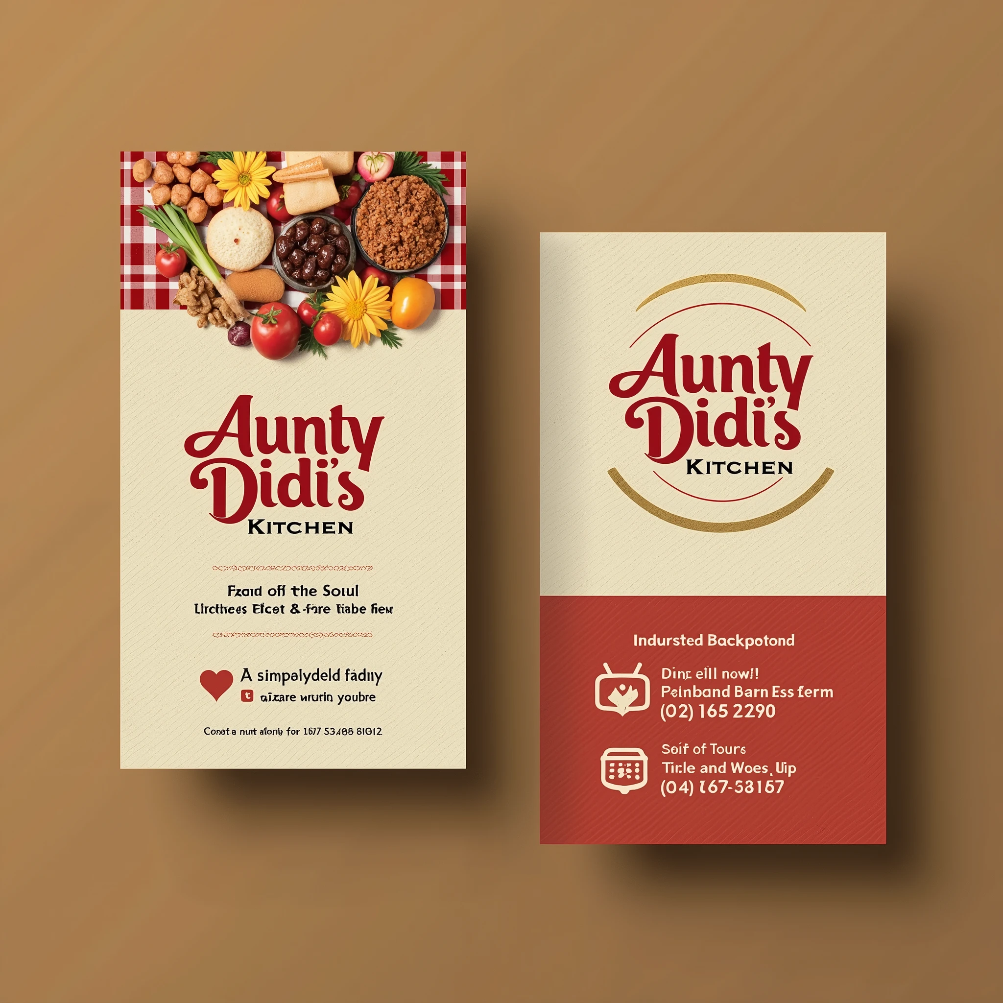 Design a business card for "Aunty Didi’s Kitchen," a restaurant with the slogan "Food for the soul, not just soul food." The card should reflect the warmth, comfort, and homeliness associated with soulful cooking. Since no specific colors are provided, use a warm and inviting color palette, such as earth tones or shades of orange and red, to evoke a sense of comfort and tradition. The logo could incorporate elements like a cooking pot, spoon, or heart, symbolizing the love and care put into the food. The overall design should be cozy and welcoming, appealing to customers who appreciate hearty, home-cooked meals.