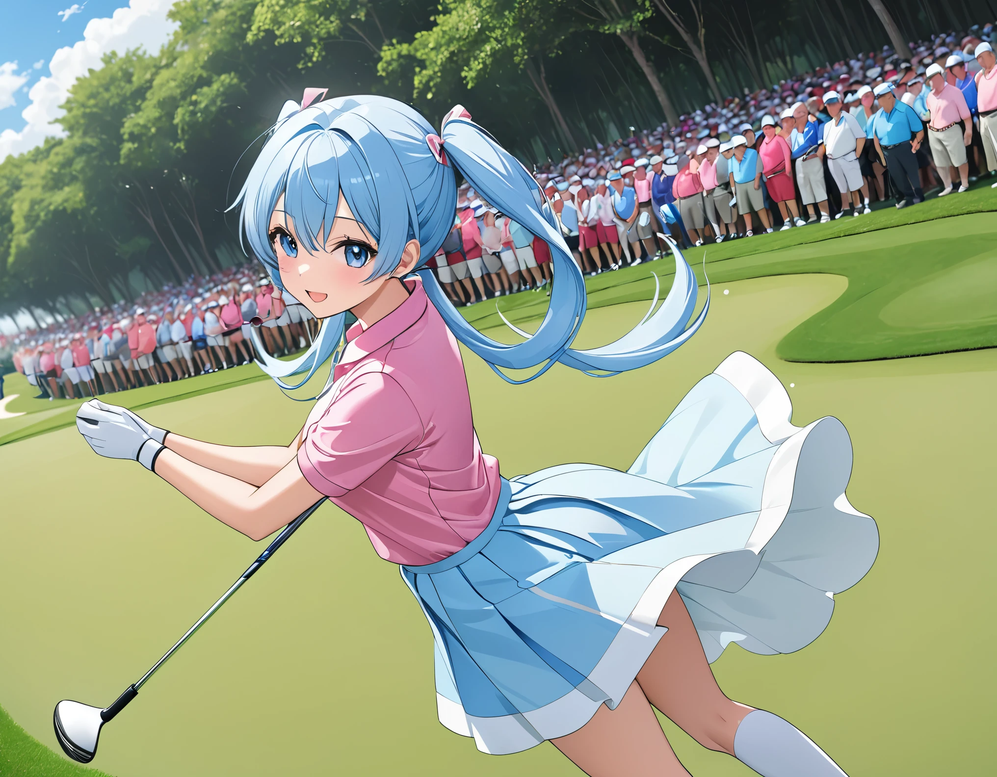 high quality,High resolution,16K、Light blue long hair、Beautiful twin-tailed golf player、Pink costume、Golf course with beautiful grass、Golf Tournaments、A large audience、during a golf game、Dynamic Angle