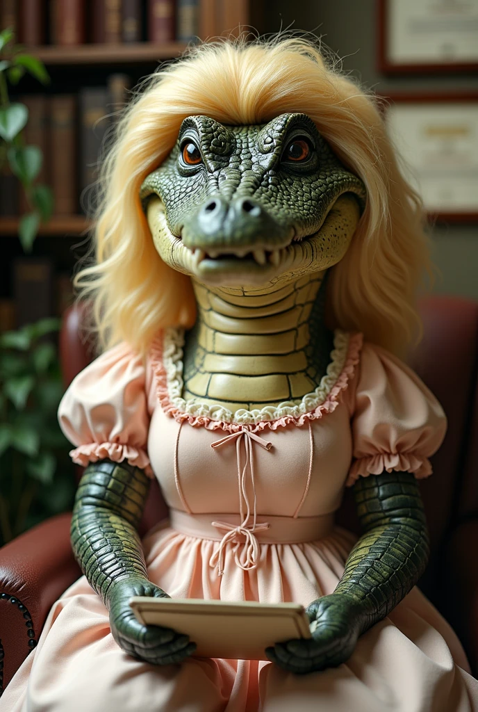 create a realistic image of a crocodile in a blonde wig and doll clothes that is a therapist