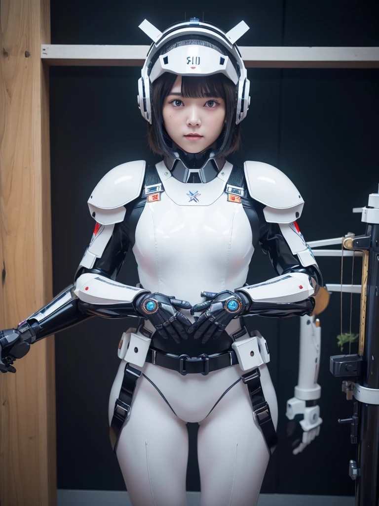 masterpiece, Highest quality, Very detailed, Japanese Android girl,Plump,Slightly thicker,Control panel,robot arms,robot,Android,cyborg,white robot body,Blunt bangs,robot repair plant,The spaceship's cockpit,Harness Belt,headset,Helmet,((Crucifixion))，torture，slave，((クロスにCrucifixionにされた女性：1.5)),Crucifixion刑, Type X,