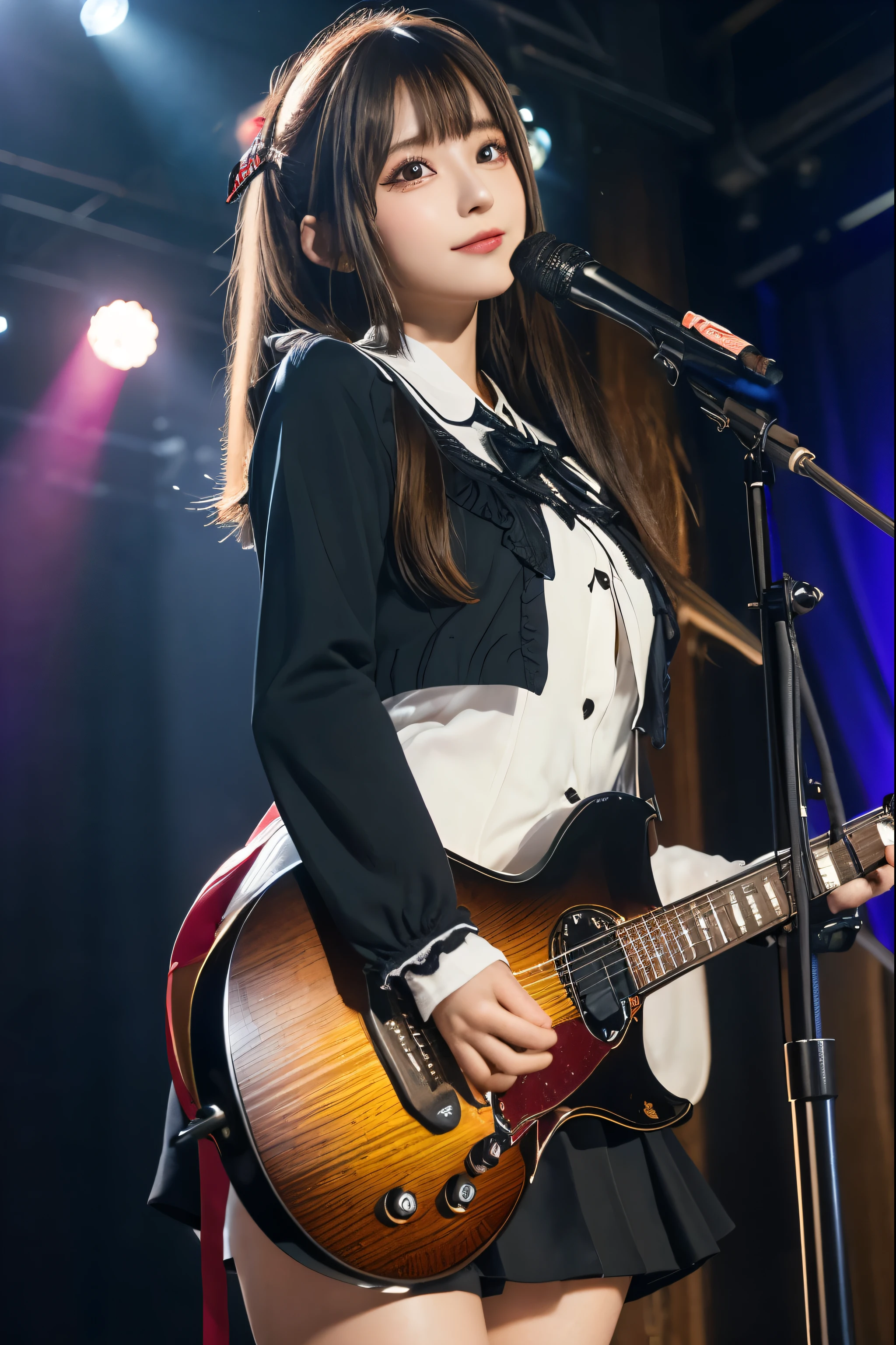 High school girl blazer、uniform、Red checked knee-length skirt、Long skirt、JK Style、Jacket、smile、Knee-high socks、Thigh-high socks、pantyhose、Extremely beautiful、Super cute、ennui、Rare Beauty、Dark black eyeshadow、sad、Skin radiance、Long Hair Straight Hair、Dark Gothic Makeup、Dark Smile、Fragrant beauty、Stained glass background、masterpiece、Highest quality、See 5 books、Sweat glistening on my chest、Sweat glistening on the face、Small breasts、2、Slightly slim、Mysterious look、Sad look、Mysterious Gothic Church、enchanting castle、Excessive sweating all over the body、Sweat dripping down thighs, shining in the light、Shiny thighs、Thighs、Sweat on thighs, shining brightly、sweat profusely、gal、Small breasts、Japanese face、Captivating look、Thin Thighs、play the guitar、I have a guitar、Enthusiastic singing、play the guitar in a band、Playing guitar chords、Background of the live music venue、Sing a song、Open your mouth、Scenery of a live music venue、Mike stand、Glamorous live stage、Dynamic Angles、Vivid straight long hair、delicate straight hair、