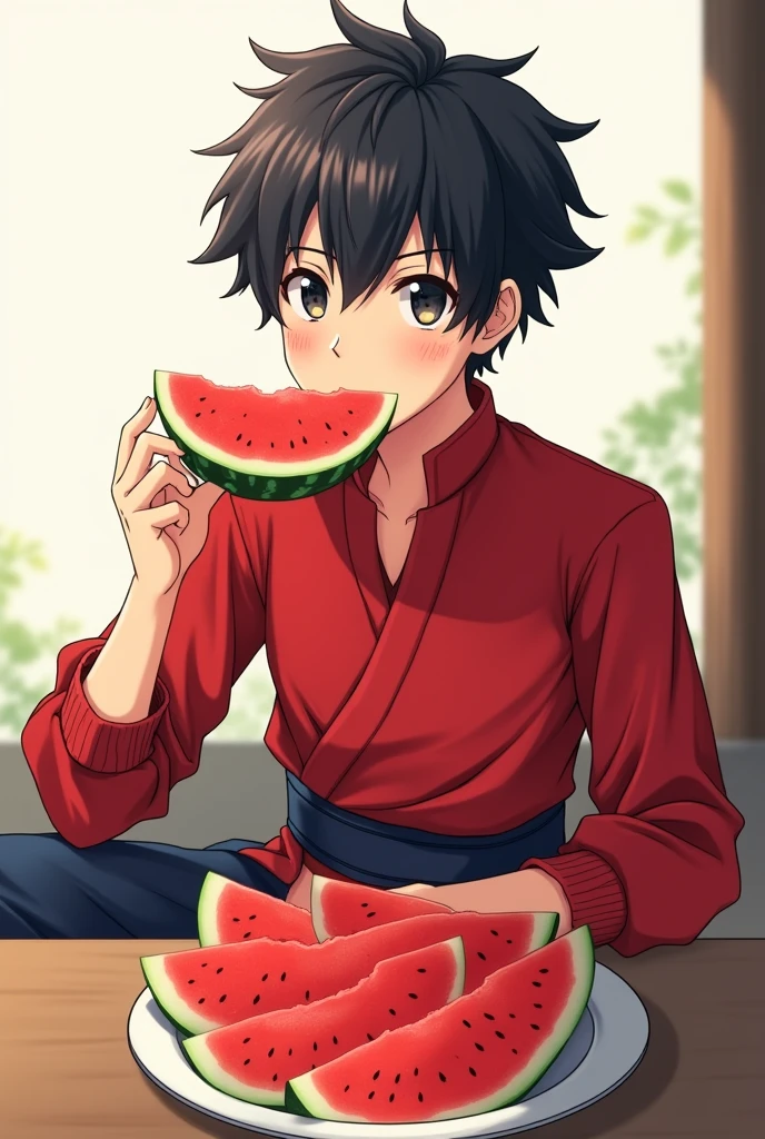 Anime boy, red swordsman shirt, have a plate of watermelon on top , black hair