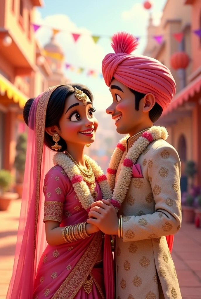 Create a Pixar image of a couple in wedding girl is wearing a pink lehenga white garland heavy jewellery nose ring veil on head is blushing and looking down. Slightly chubby and dimple fir bride. Groom has a stubble young looking silver sherwani and pink turban covering head looking at bride and golding her hand. White garland. Both are married and in love and they are young looking