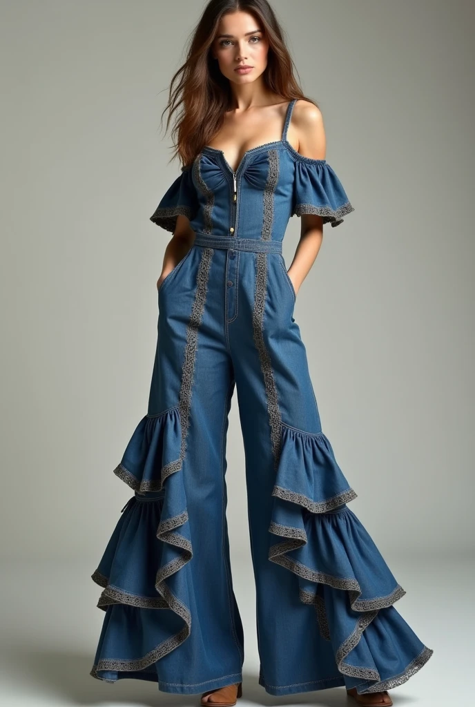 European woman model wearing long denim jumpsuit with ruffles and crochet embroidery. Show all noodles.