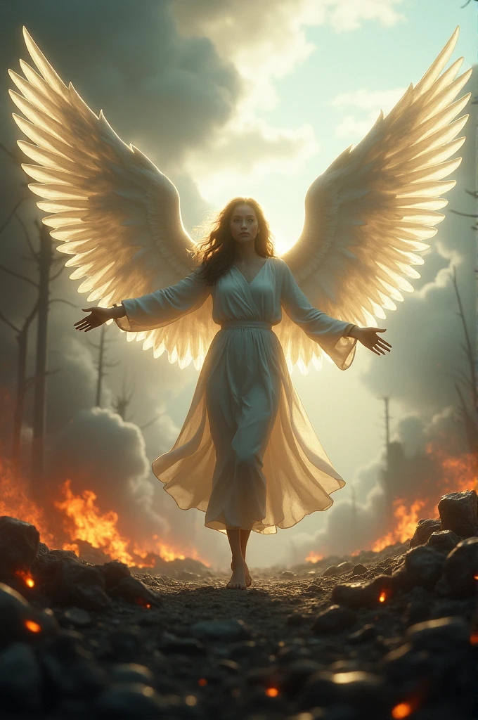  with wings (angel) in the midst of a bloody battle 
