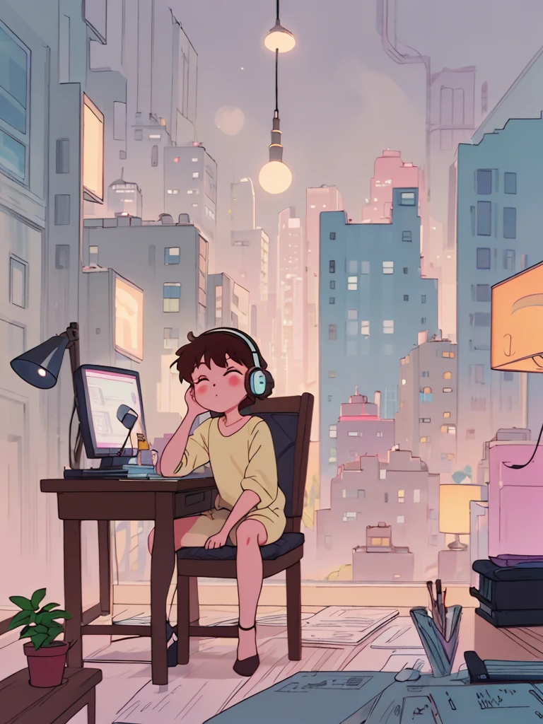 (((Full body))), A young woman is sitting comfortably in a modern, cozy room with a cityscape visible through a large window at night. The main object of focus is the woman, who appears to be in her late s or early twenties. She has long, wavy brown hair and is wearing a pair of large over-ear headphones. Her eyes are closed, and she has a serene, relaxed expression on her face as she listens to music. The woman is seated in a plush armchair, which is positioned to the right of a wooden desk. On the desk, there is a modern desktop computer, a ceramic coffee mug, and a small potted plant. A desk lamp with a warm, yellow glow is placed on the left side of the desk, casting a soft light over the scene. The light from the lamp is the primary light source, illuminating the woman and creating gentle shadows around her. In the background, the large window offers a stunning view of the city at night, with numerous skyscrapers and their illuminated windows creating a vibrant, urban atmosphere. The room itself is painted in neutral tones, with the walls adorned with minimalistic decor. The overall color scheme of the image features warm tones from the lamp and the cooler tones of the night cityscape, creating a balanced and visually appealing contrast. The perspective of the image is from a slight angle, allowing for a clear view of the woman, the desk, and the background cityscape. The size of the image is rectangular, with a wide aspect ratio that captures the breadth of the scene. The theme of the image is calm and relaxation, with an emphasis on the soothing environment and the woman's peaceful state.